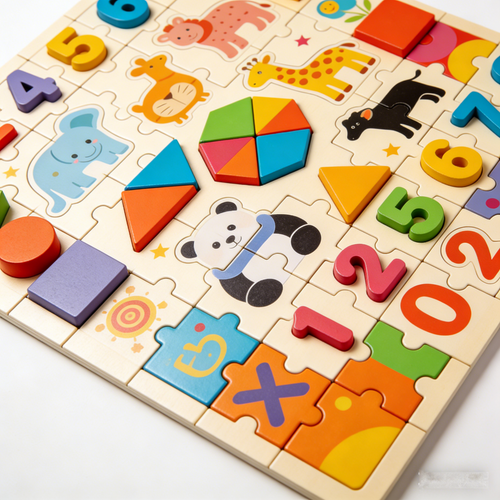 Little Learners 3-in-1 Educational Wooden Puzzle: Numbers, Shapes & Animals